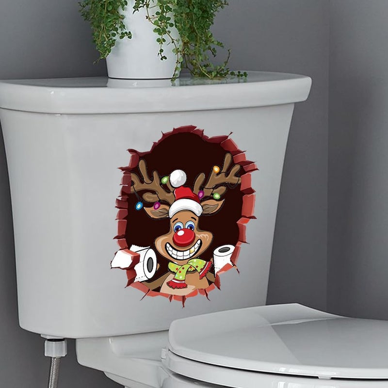 Iprokiu Christmas Toilet Sticker Santa Claus Reindeer Elf Toilet Seat Cover Decal Waterproof Christmas Crack Toilet Seat Lid Decal Snowman Elk Washroom Decoration (Smiling Reindeer) - Image 3